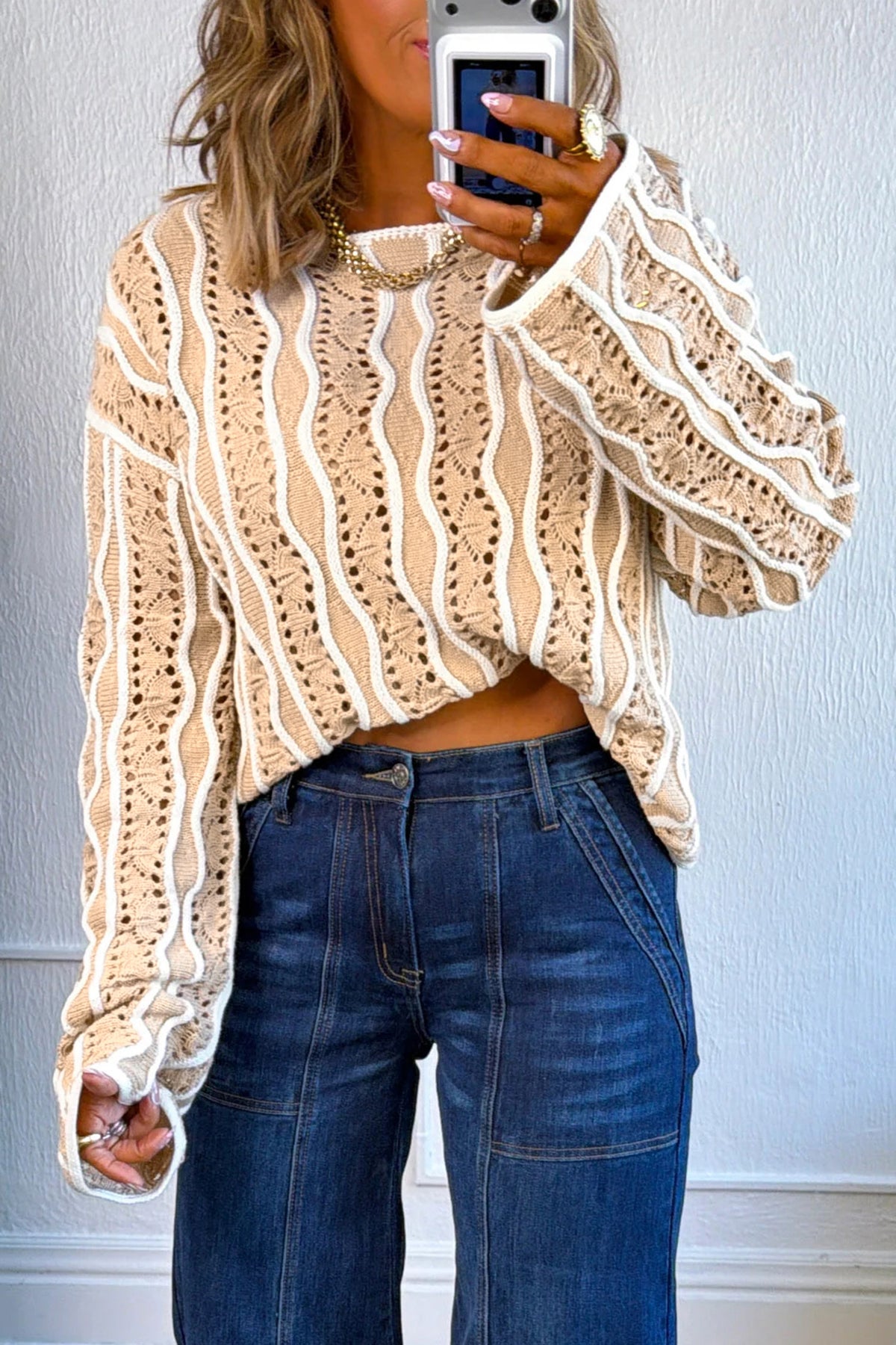 Khaki Wavy Detail Hollow Out Knit Long Sleeve Cotton Pullover Sweater