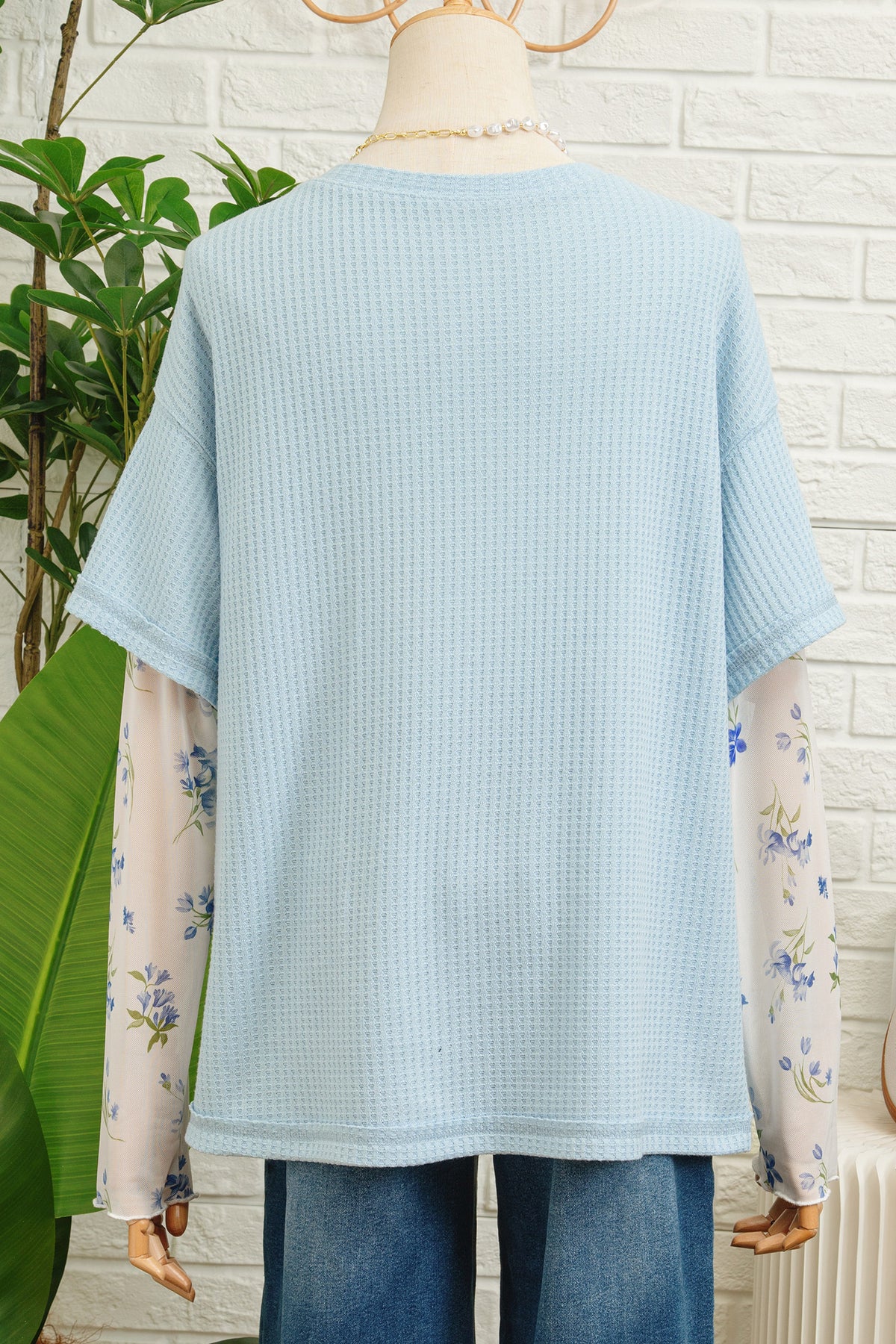 Beau Blue Floral Lace Sleeve Patchwork Waffle Fake Two-piece Top