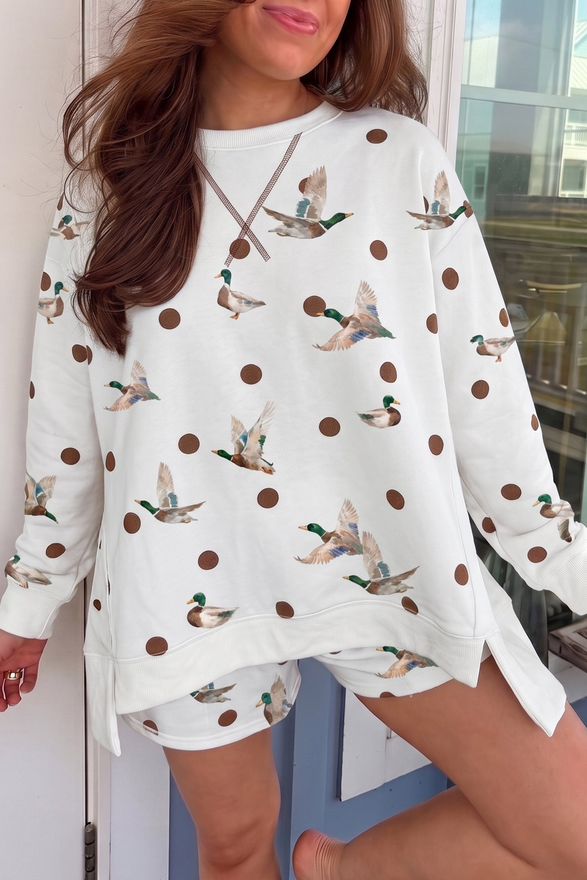 White Polka Dot Malard Print Oversized Pullover and Shorts 2pcs Set