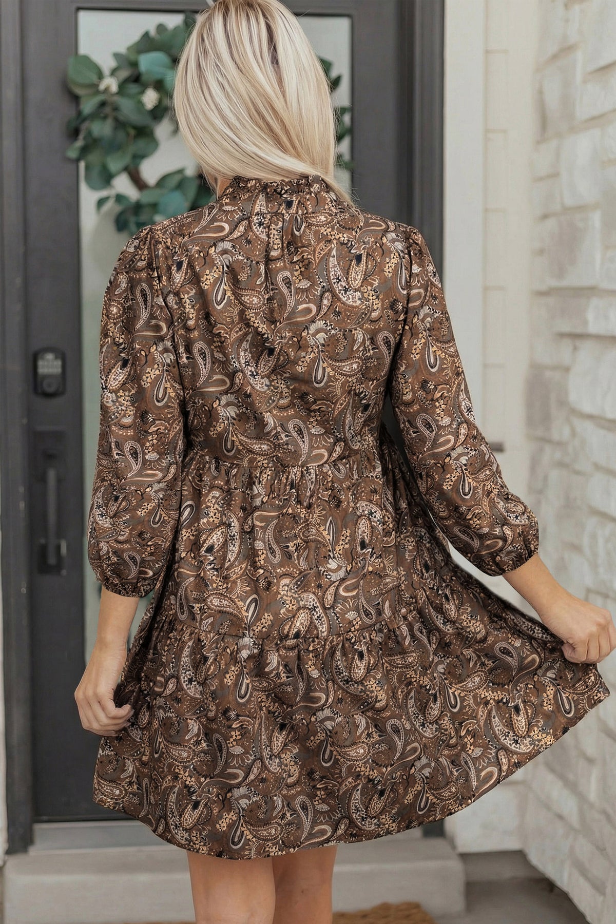 brown flowy dress short Enchnt Coffee Brown Ruffle Cape Dress Women's Cocktail Short Layered Poncho Sleeve Round Neck Woven Fabric Regular Fit Flowy Romantic Cute S,S