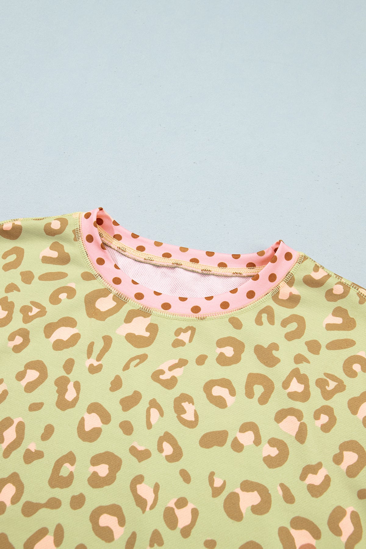 Khaki Leopard Polka Dot Colorblock Trim Long Sleeve Top