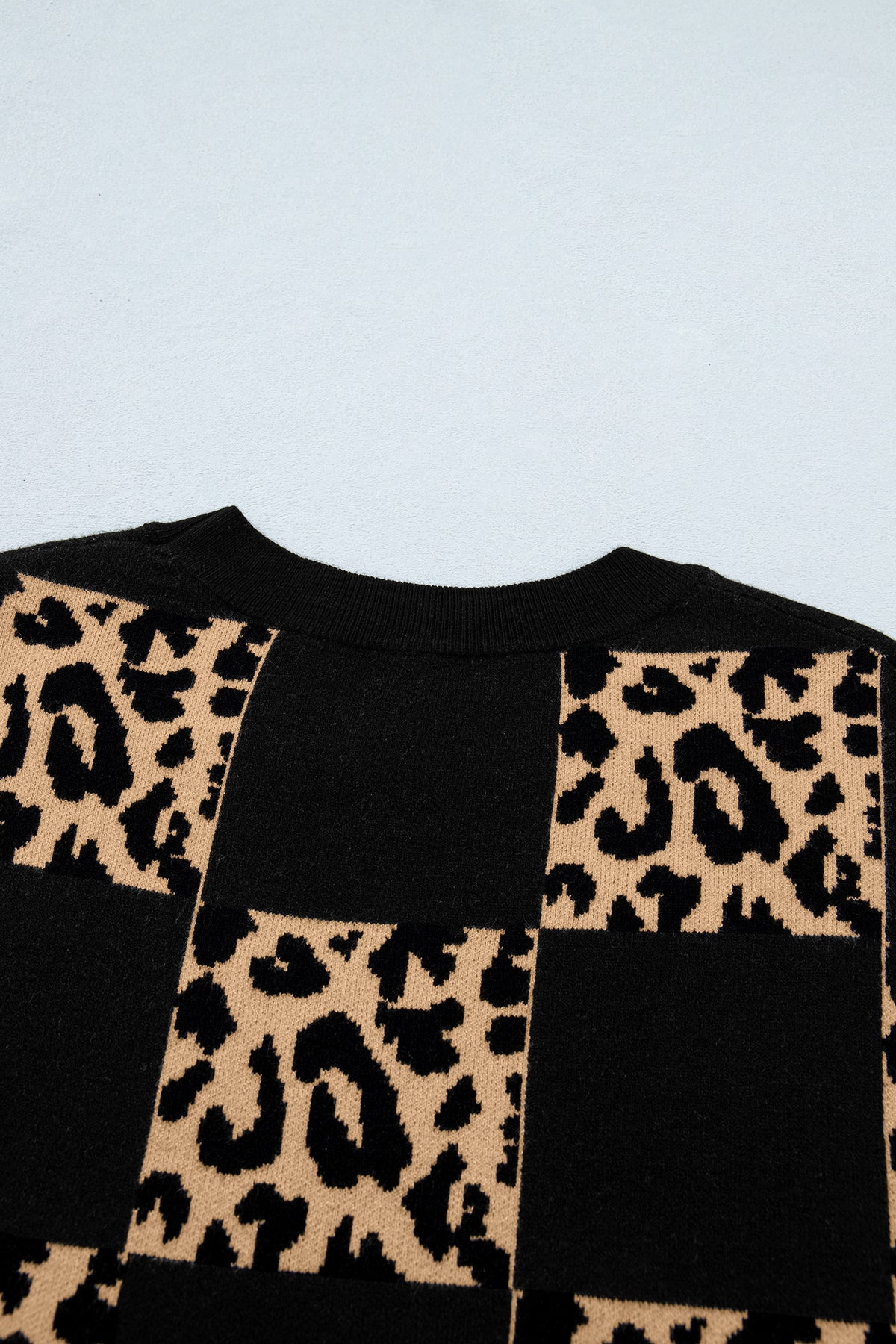 Green Leopard Checkerboard Short Sleeve Knit Sweater