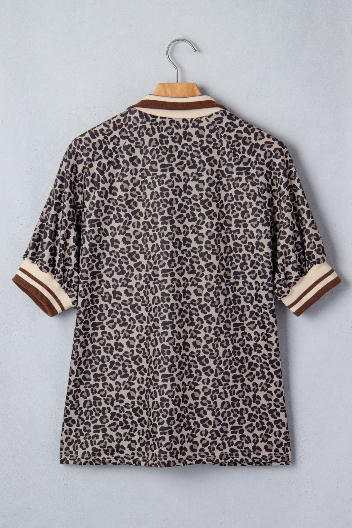 Khaki Leopard Print Half Zip Striped Trim Patchwork Short Sleeve Top