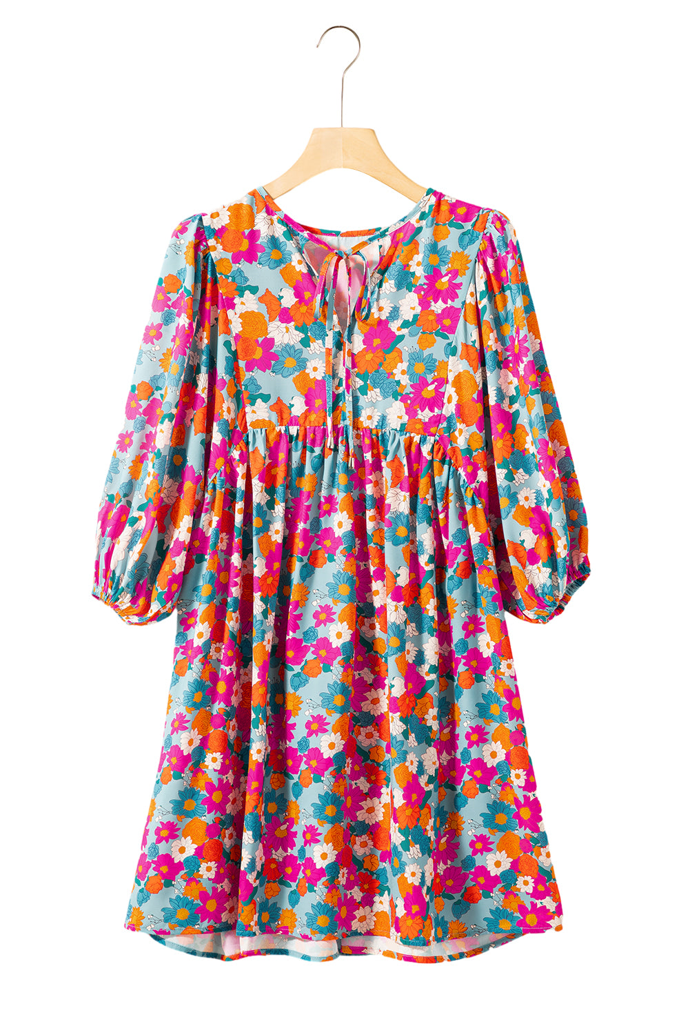 Sky Blue Floral Print Tie Split Neck Bubble Sleeve Babydoll Dress Dresses/Floral Dresses