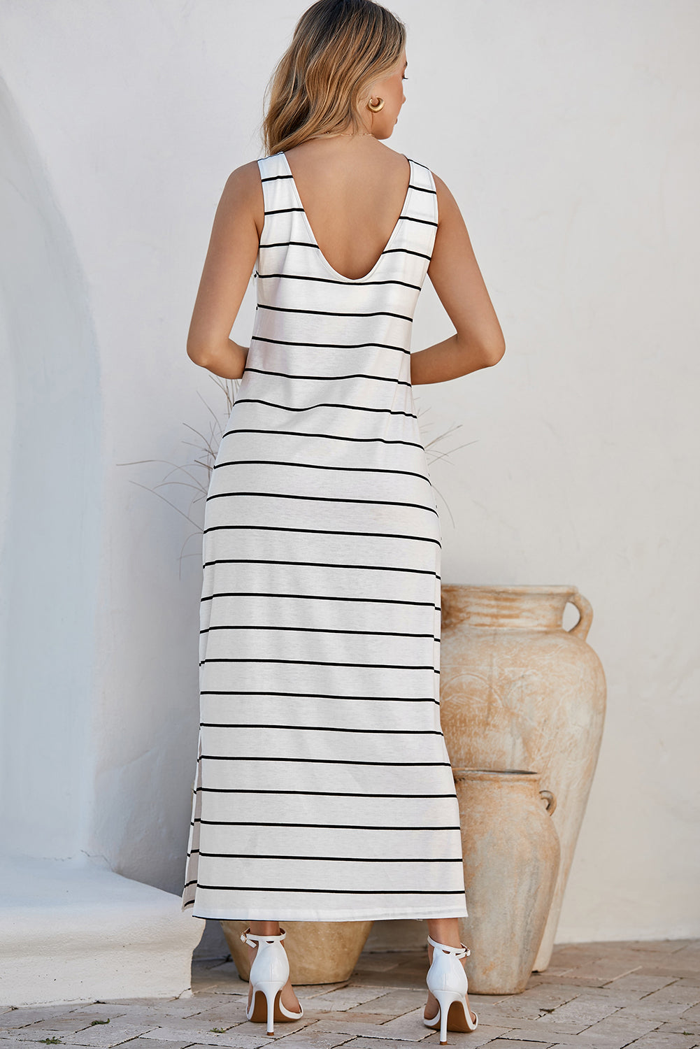Blue Gray Stripe Print Open Back Sleeveless Maxi Dress with Slits