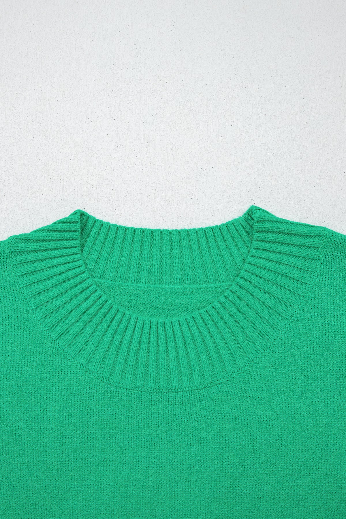 Beau Blue Solid Color Ribbed Trim Round Neck Ruffle Short Sleeve Sweater