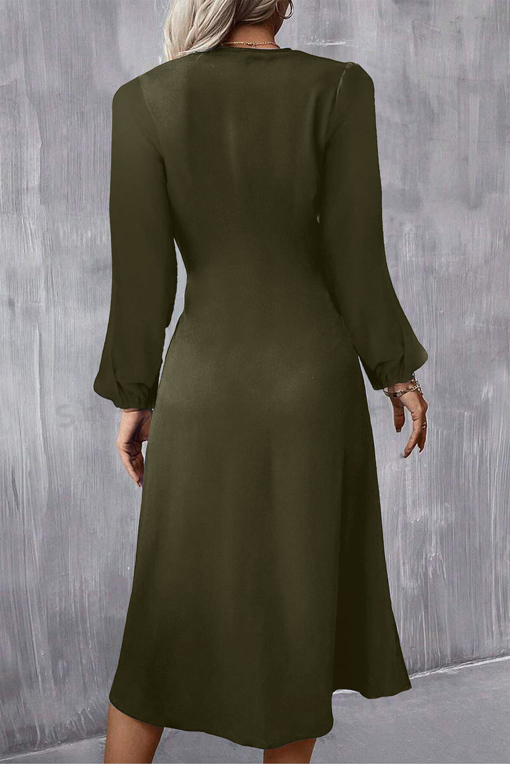 Jungle Green Solid Color Ruched Detail Long Sleeve Midi Dress Dresses/Midi Dresses