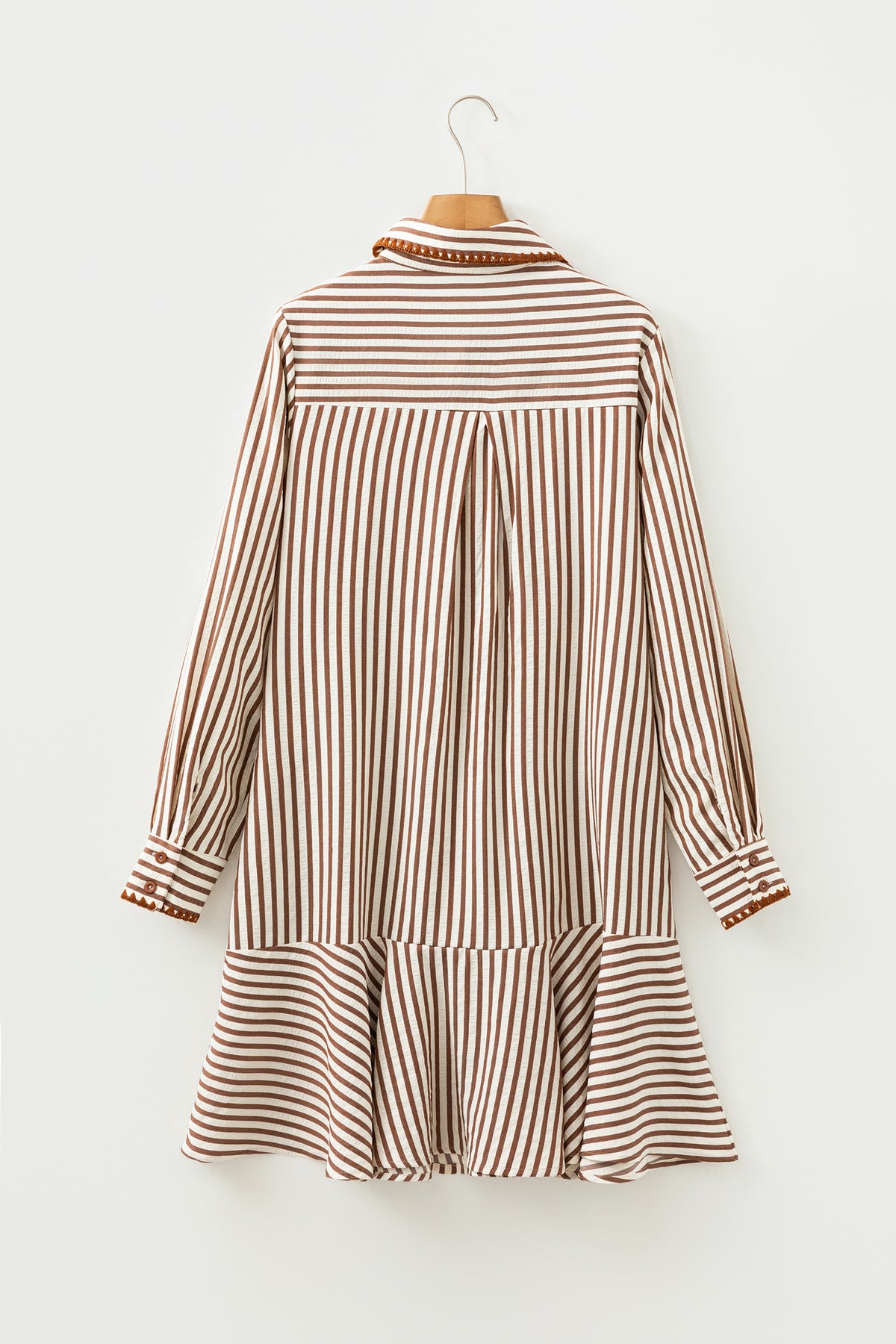 Khaki Stripe Shirt Collar Embroidered Trim Ruffle Hem Long Sleeve Mini Dress