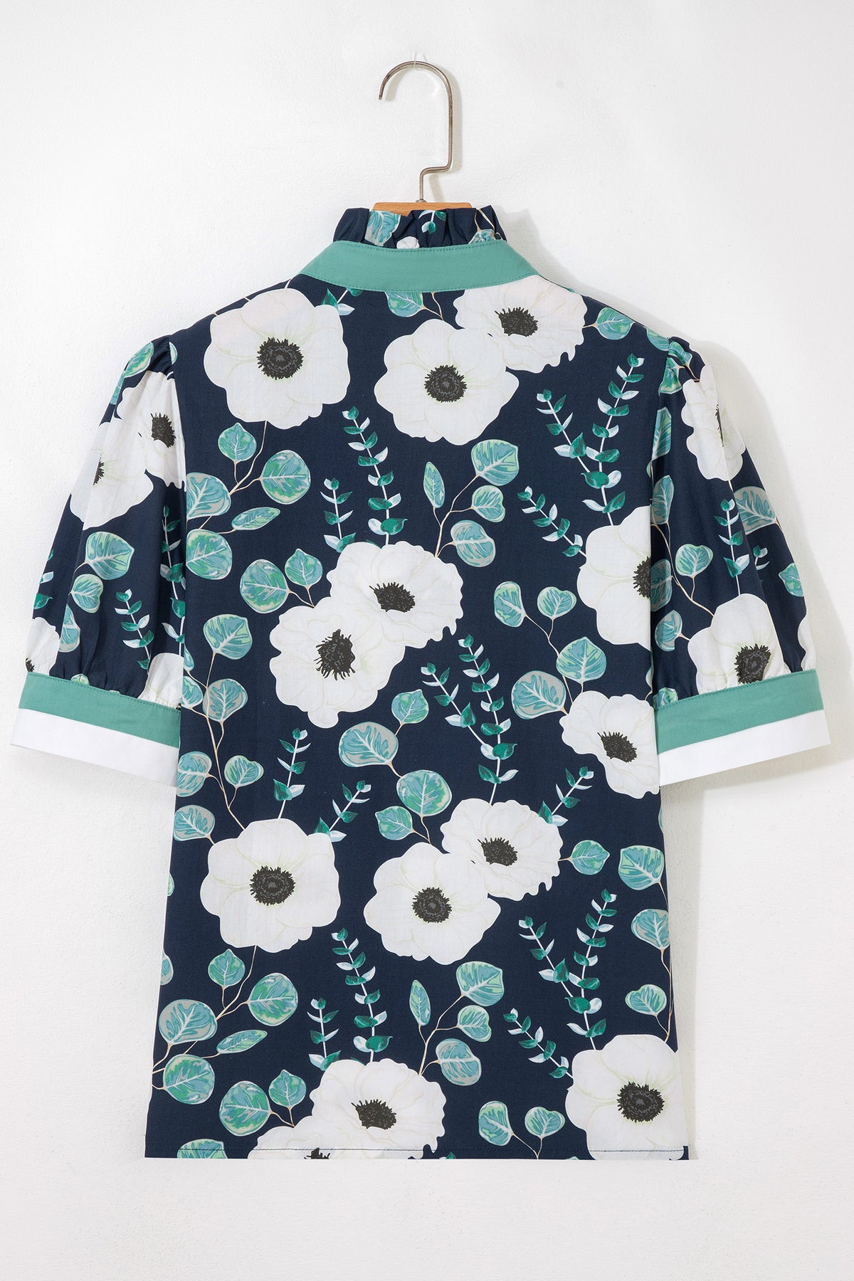 Blue Floral Print Striped Patchwork V Neck Short Sleeve Blouse