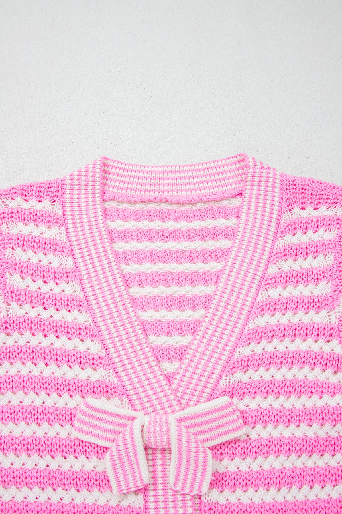 Green Stripe Short Sleeve Knit V Neck Bow Knot Sweater