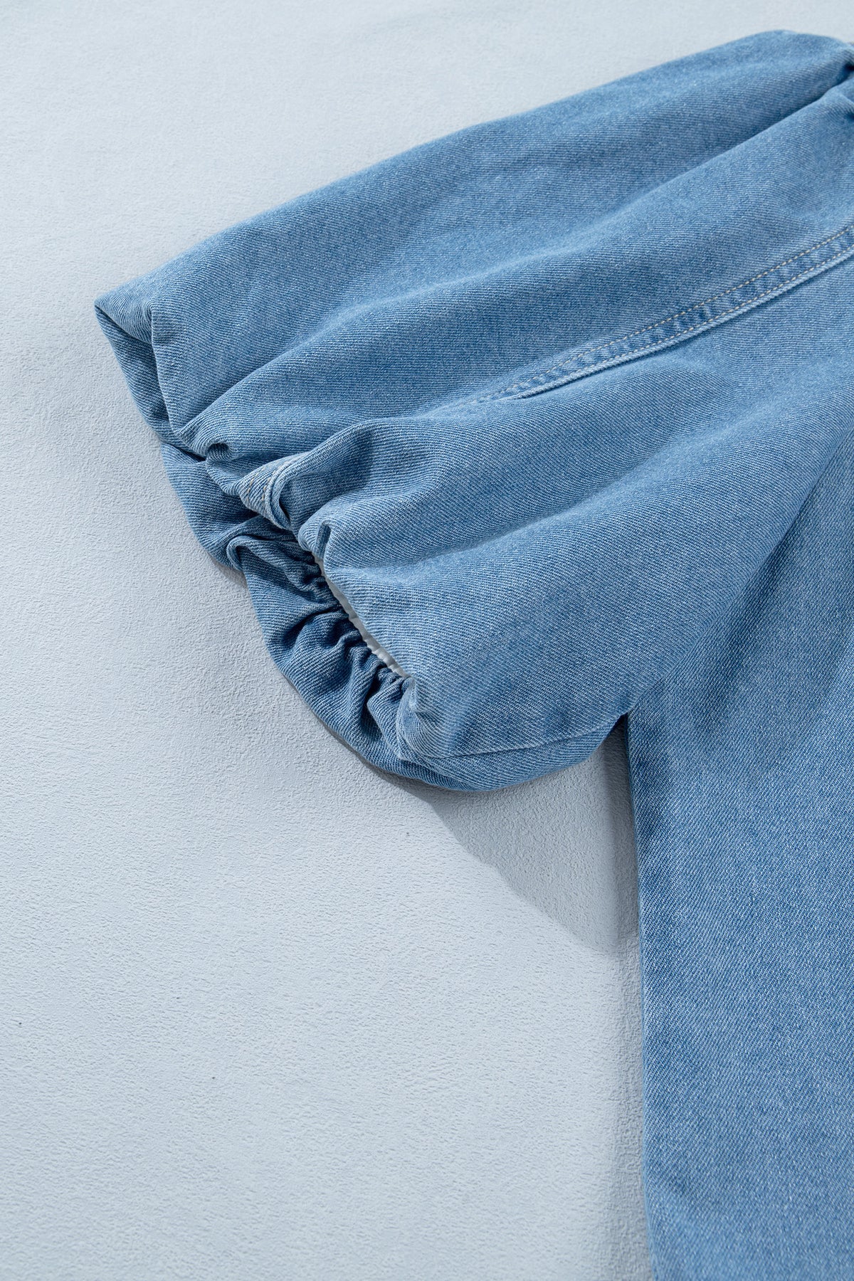 Beau Blue Button Down Short Puff Sleeve Ruffle Hem Patchwork Denim Dress