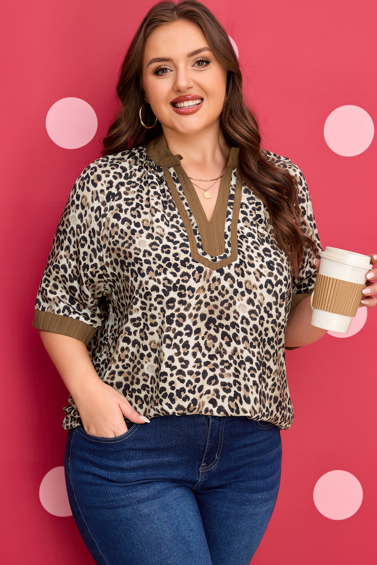 Brown Plus Size Leopard Print Crinkled Colorblock Patchwork V Neck Blouse