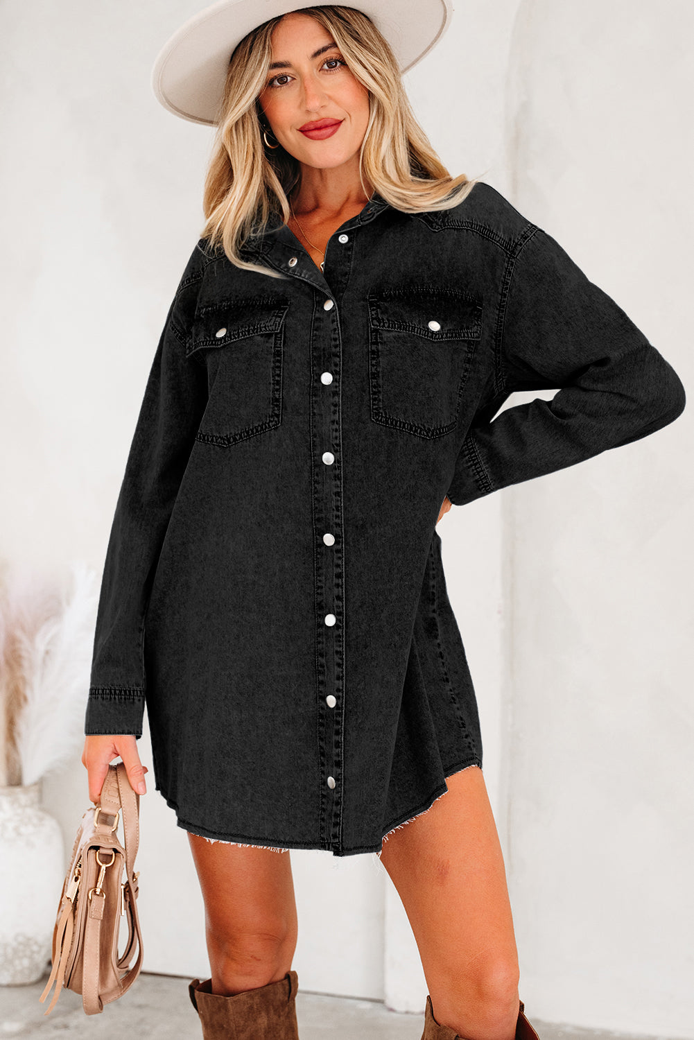 Blue Beau Chest Pocket Raw Hem Denim Loose Shirt Dress