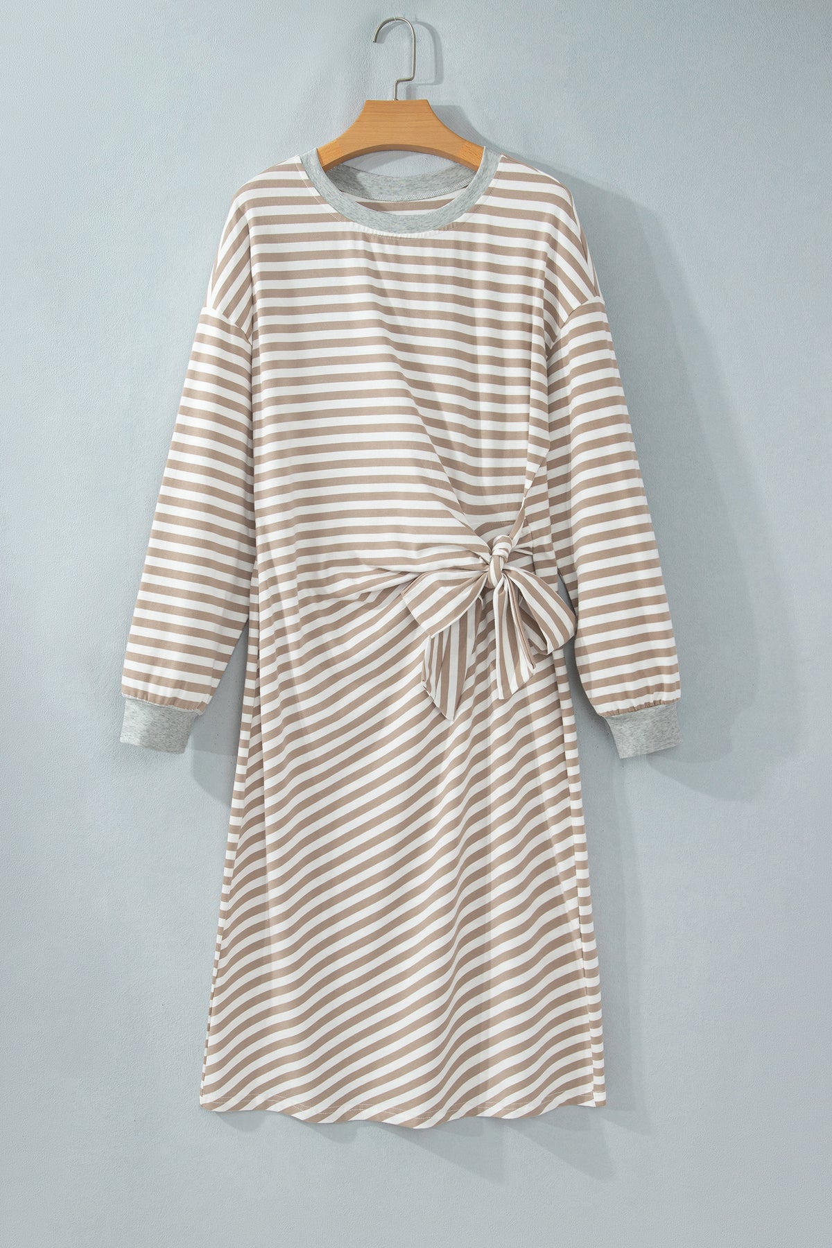 Brown Stripe Striped Colorblock Cuffs Round Neck Long Sleeve Shift Dress