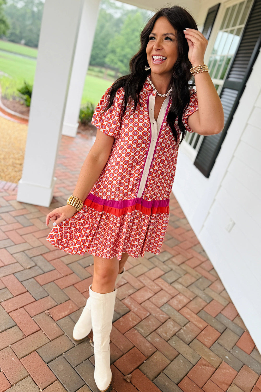 Orange Geometric Floral Print Color Block Trim Button Front Ruffle Hem Dress