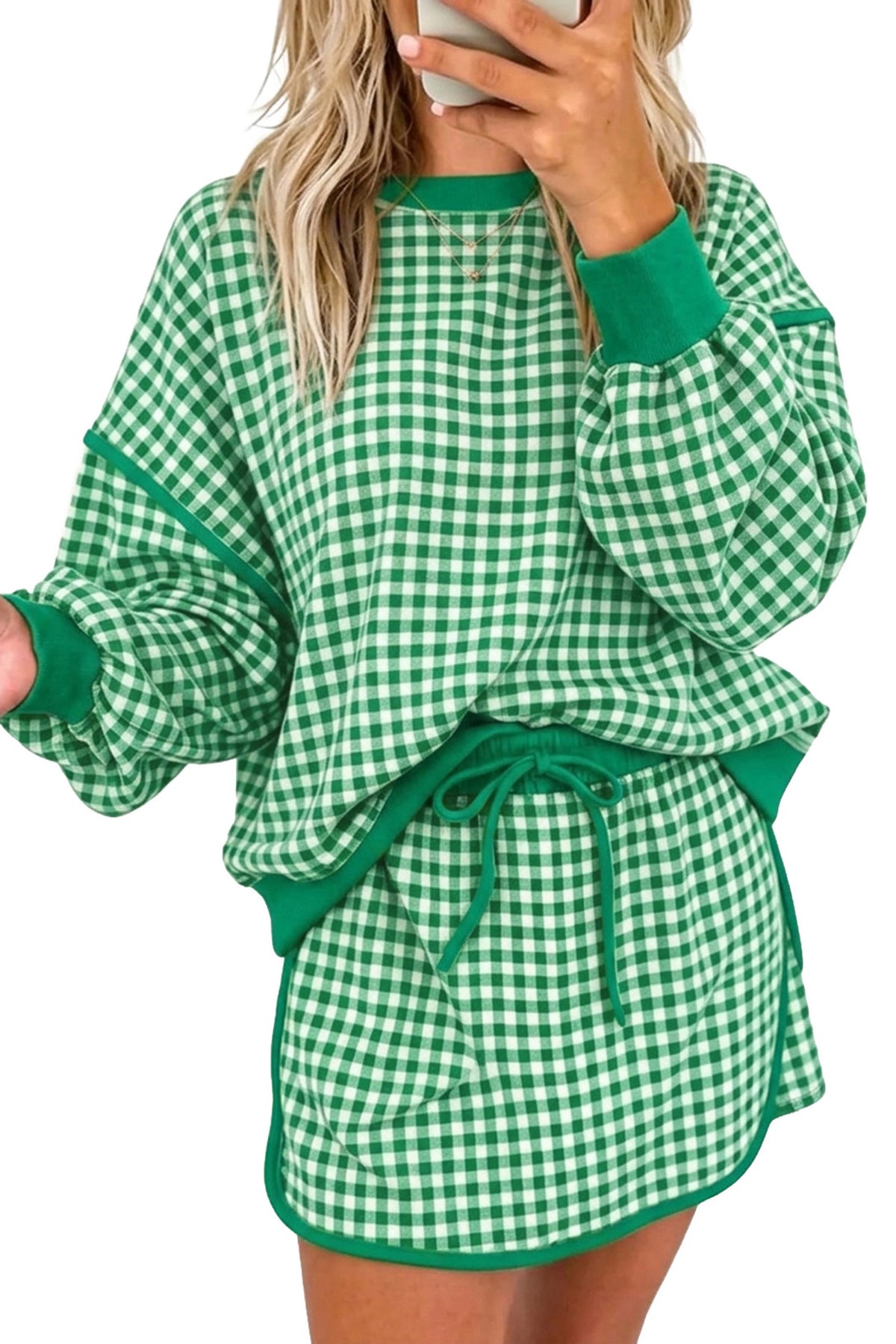 Red Gingham Oversized Ribbed Trim Crew Neck Long Sleeve Top and Skort Set