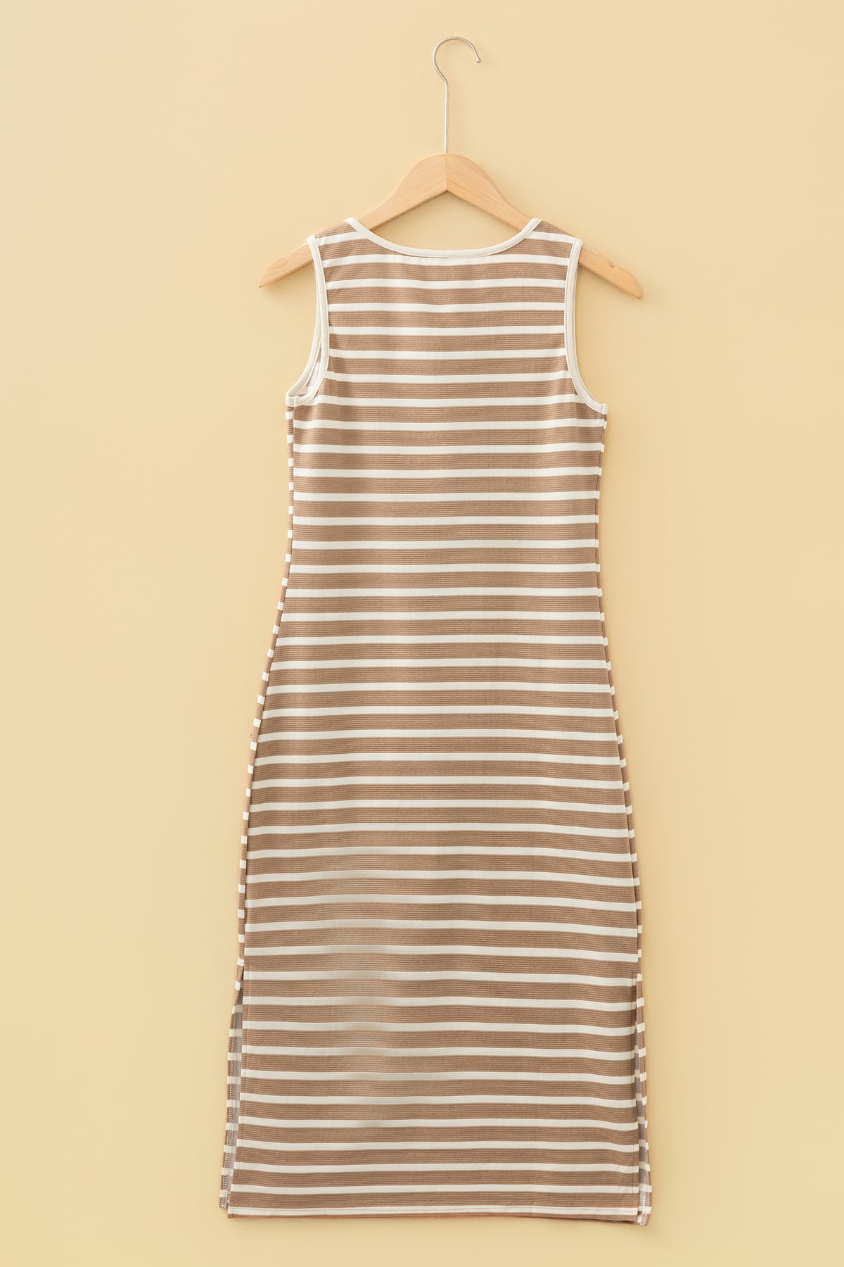 Khaki Stripe Tie V Neck Sleeveless Side Slit Midi Dress