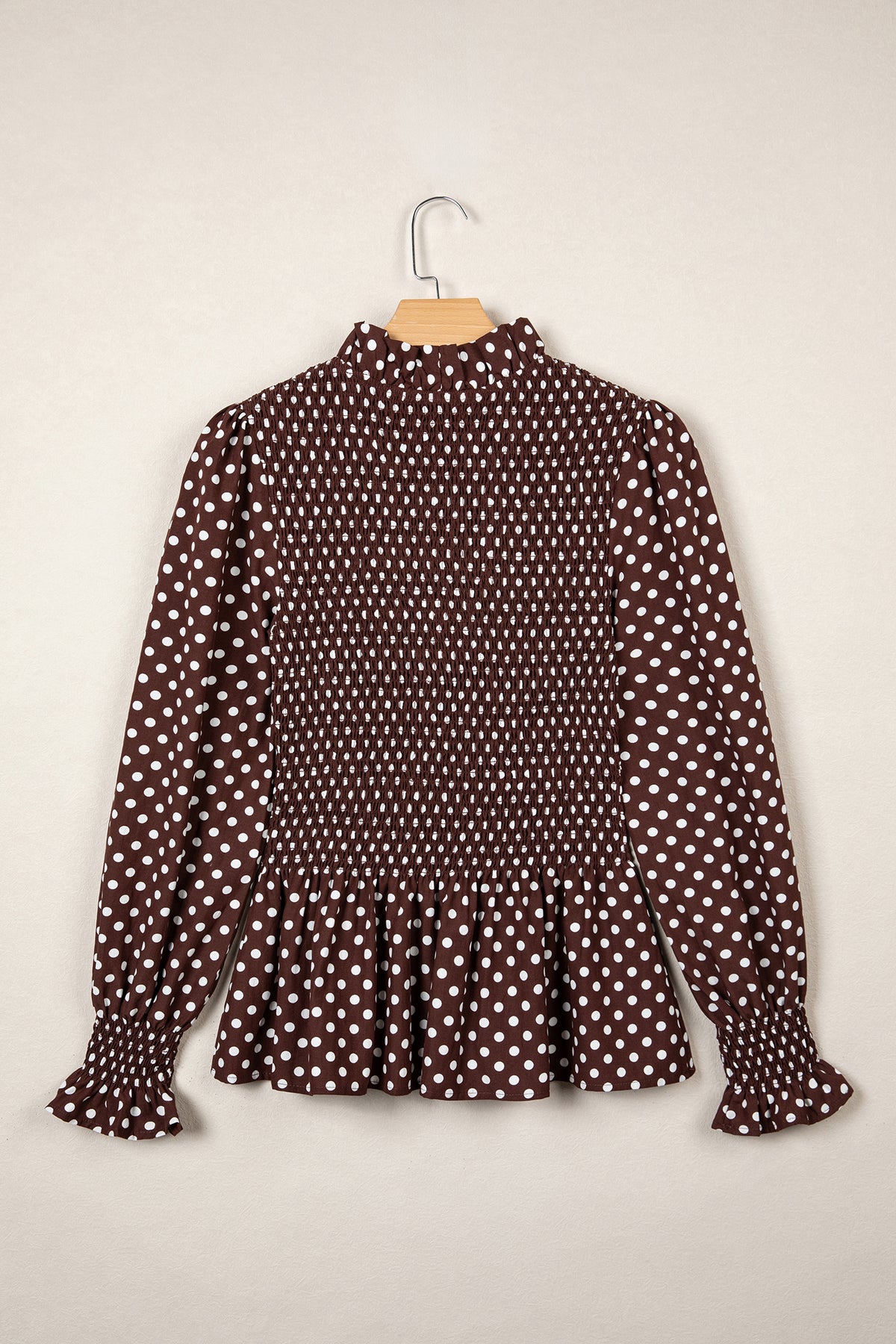 Brown Polka Dot Ruffled High Neck Shirred Ruffle Hem Blouse