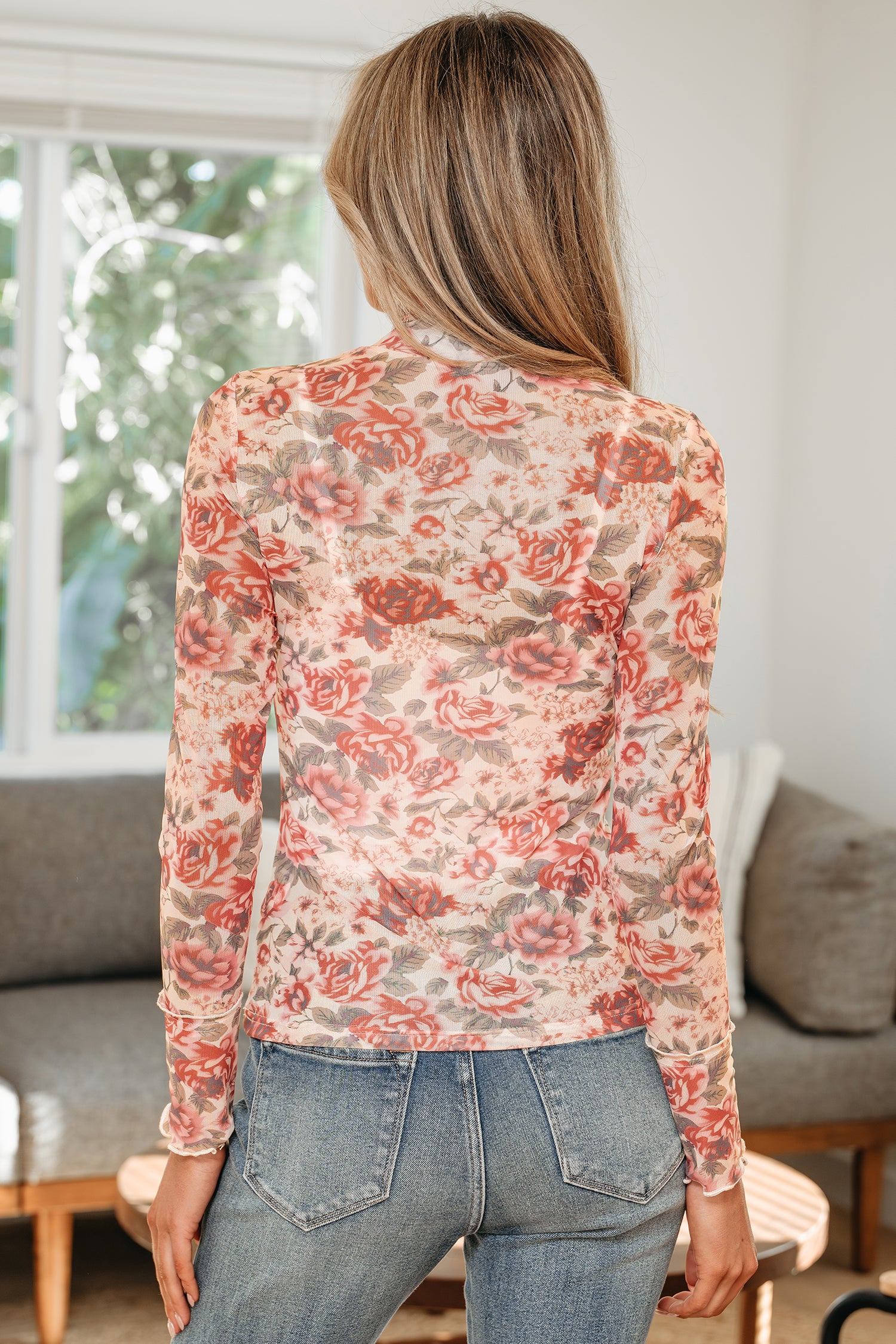 White Retro Floral Print Mock Neck Mesh Long Sleeve Top Black / S / 95% Polyester + 5% Elastane Tops/Long Sleeve Tops