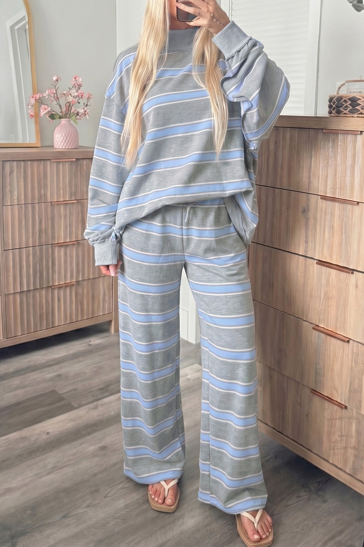Pink Stripe Mock Neck Long Sleeve Pullover Top and Loose Pants Set