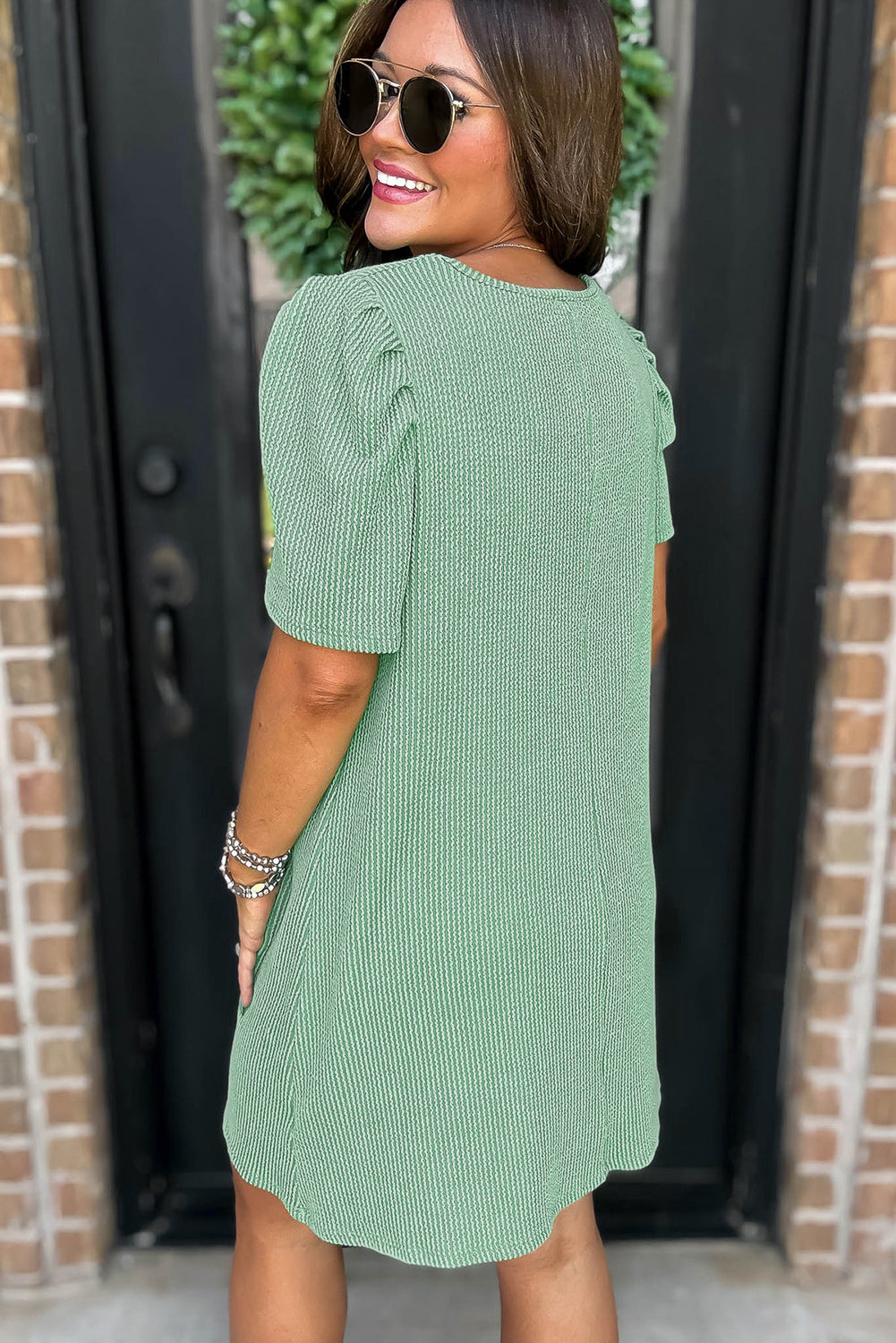Mint Green Corded Knit Crew Neck Puff Sleeve Shift Mini Dress Dresses/T Shirt Dresses