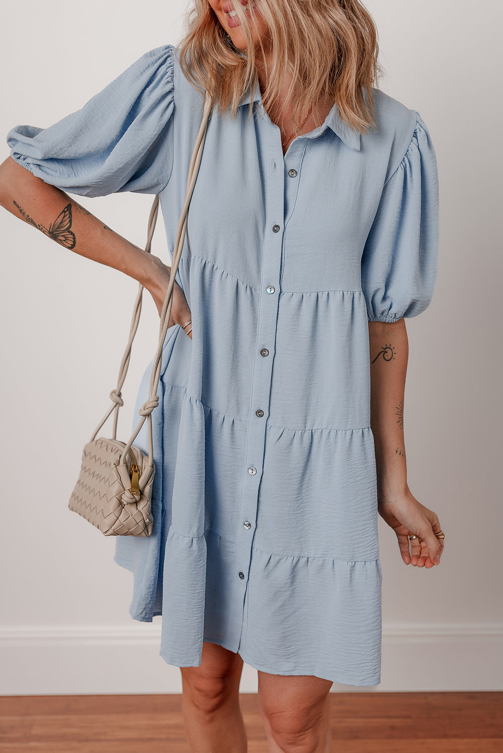 Beau Blue Shirt Collar Button Up Short Puff Sleeve Tiered Shift Dress