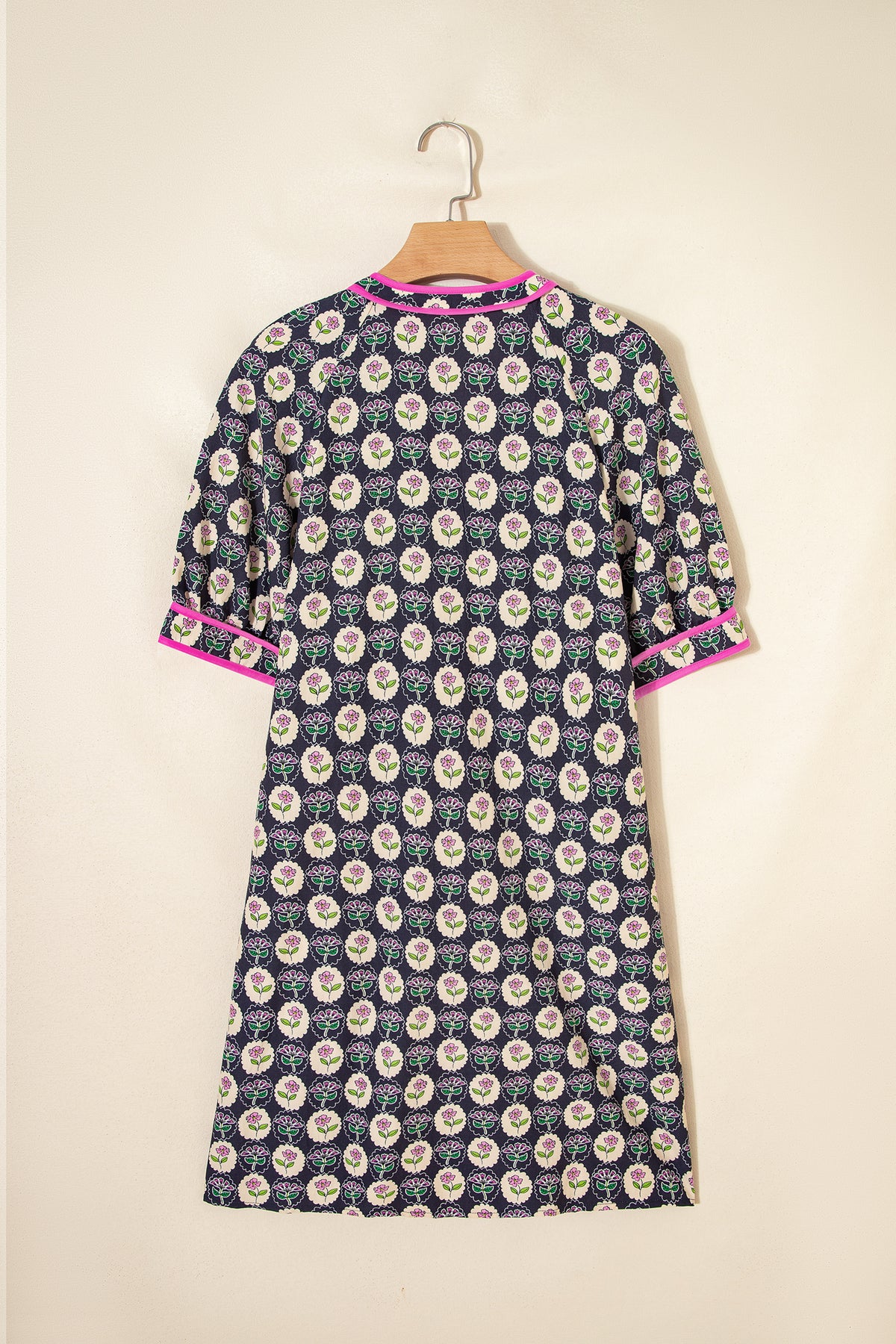 Blue Striped Trim Short Sleeve Vintage Floral Shift Dress