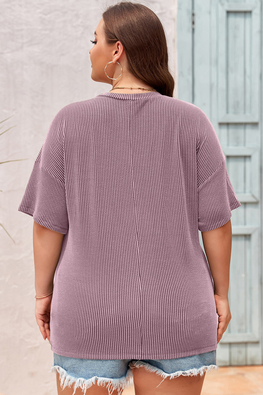 Black Textured V-Neck Dropped Shoulder Plus T-Shirt