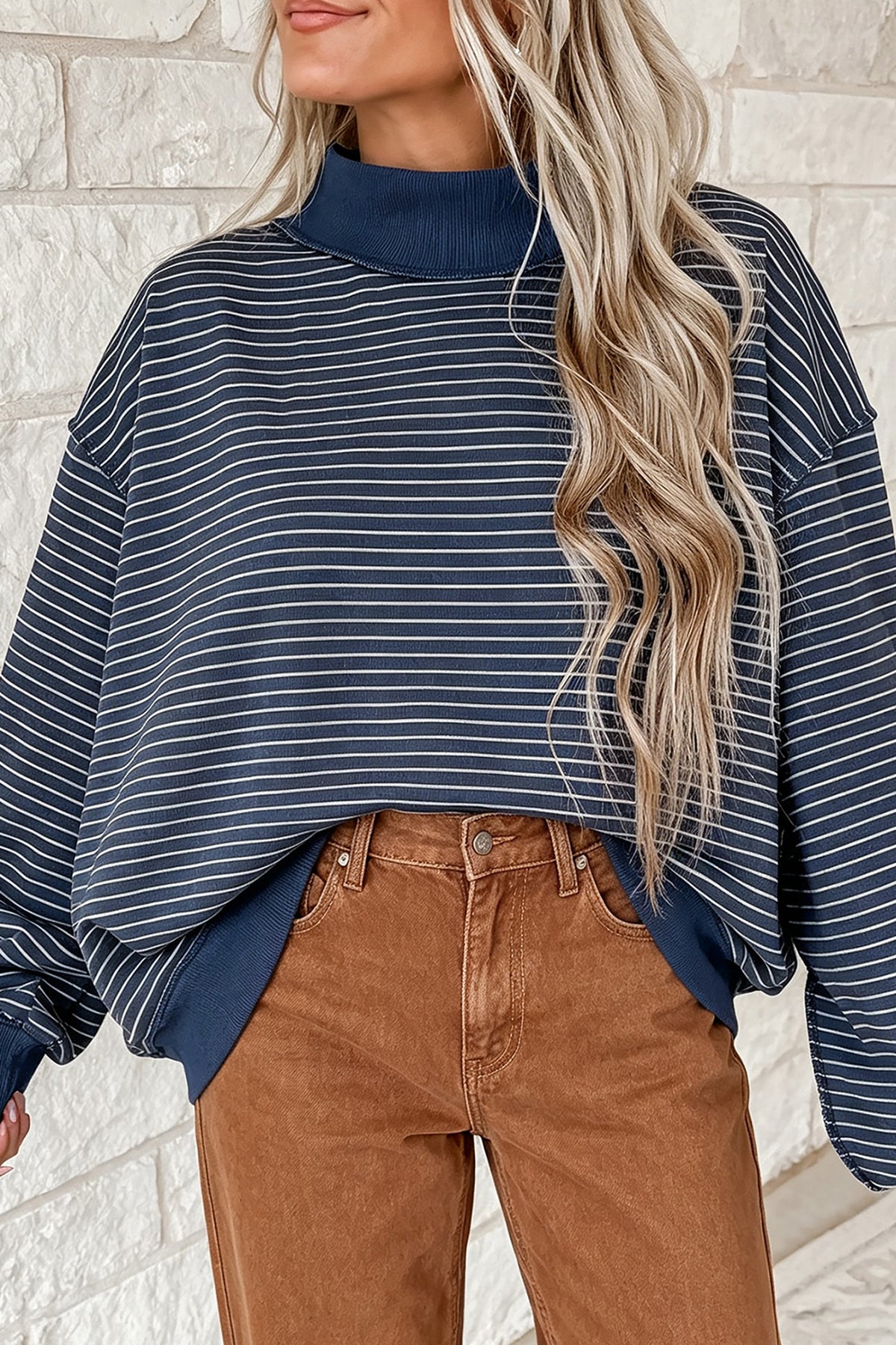 Green Stripe Ribbed Color Block Mock Neck Oversized Sweatshirt