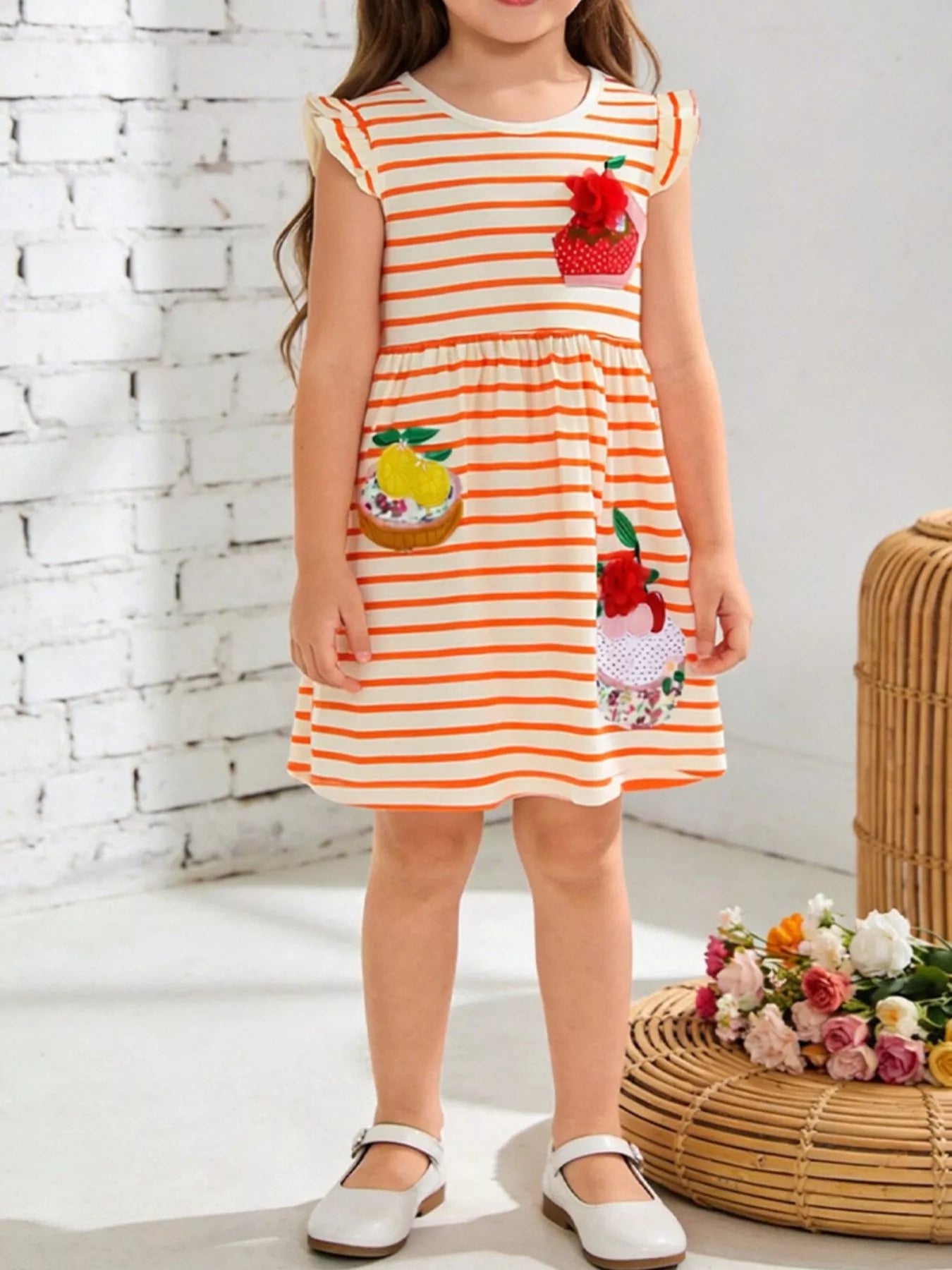 Children's Fruit Embroidered Ruffled Striped Dress - Sandee Rain Boutique Children's Fruit Embroidered Ruffled Striped Dress - Sandee Rain Boutique