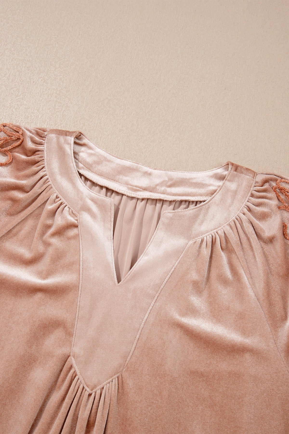 Light French Beige Embroidered Sleeve Velvet Mini Shift Dress