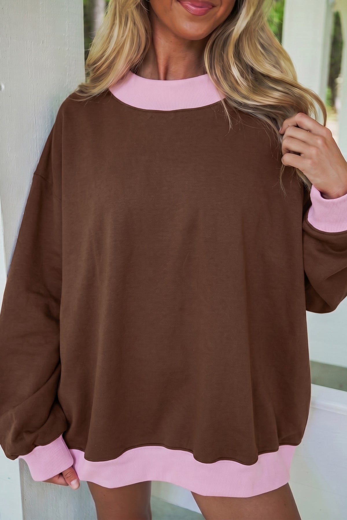 Dirty blue Colorblock Trim Crewneck Long Sleeve Pullover Sweatshirt