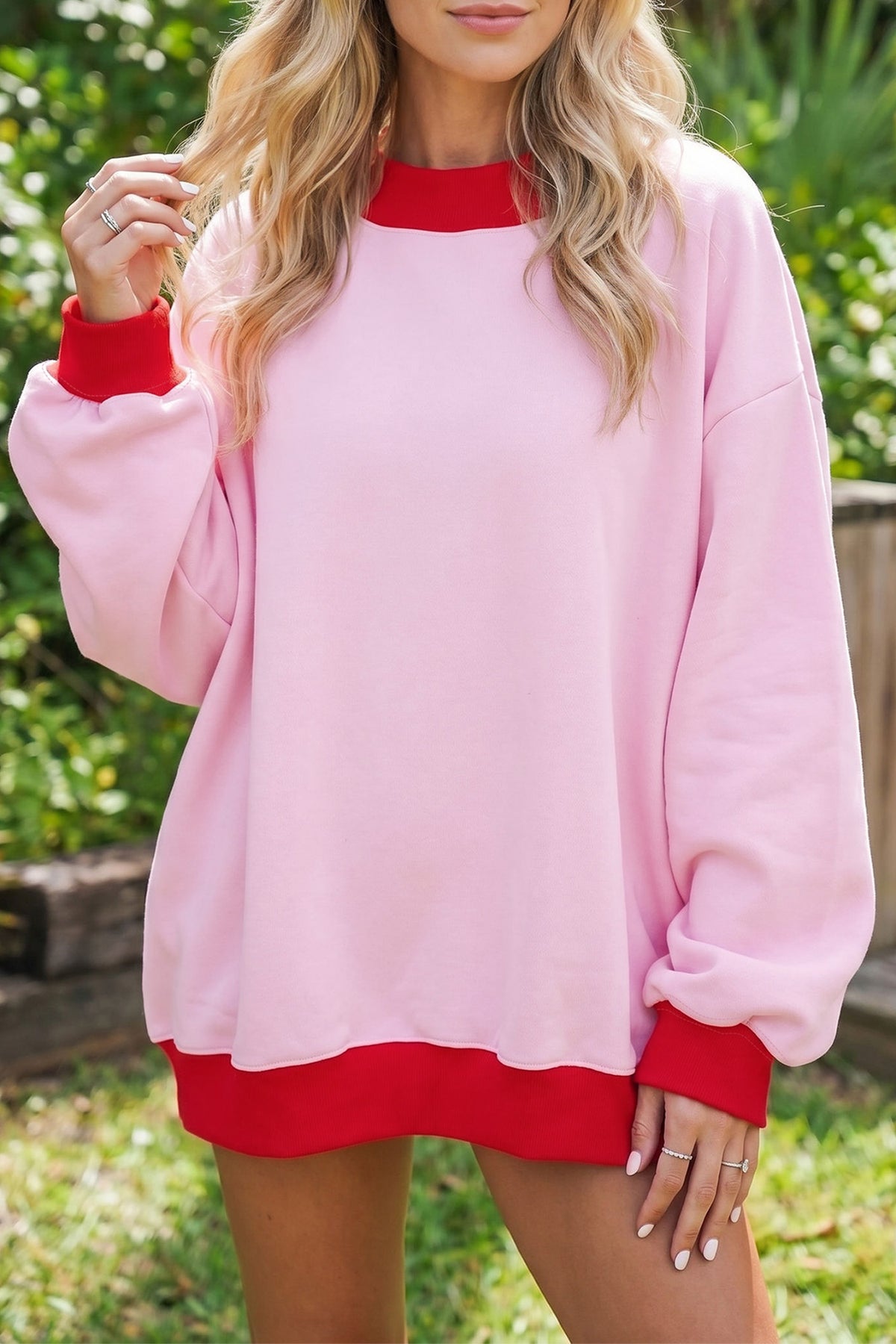 Dirty blue Colorblock Trim Crewneck Long Sleeve Pullover Sweatshirt