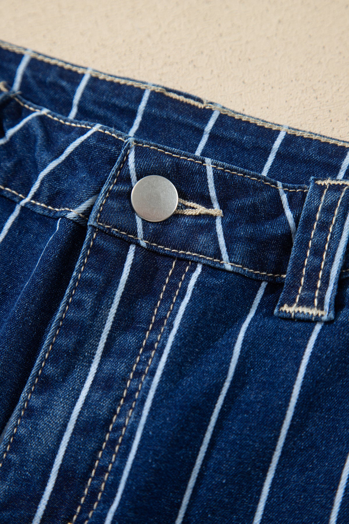 Blue Stripe Metal Button Detail Womens Denim Shorts