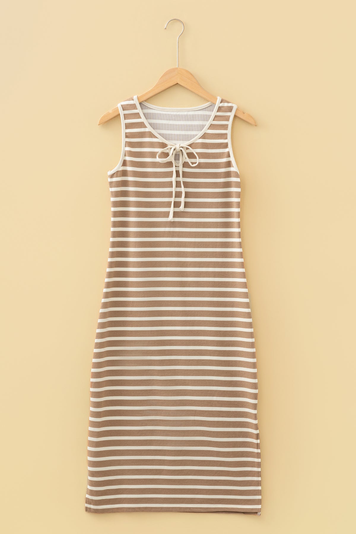 Khaki Stripe Tie V Neck Sleeveless Side Slit Midi Dress