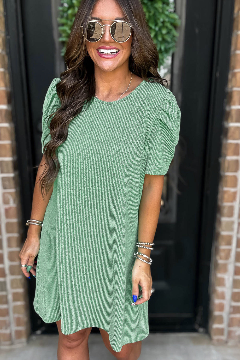Mint Green Corded Knit Crew Neck Puff Sleeve Shift Mini Dress Dresses/T Shirt Dresses