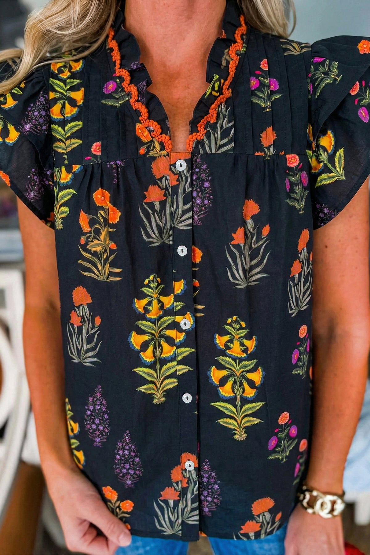 Black Floral Print Lace Trim Frilled V Neck Short Sleeve Shirt