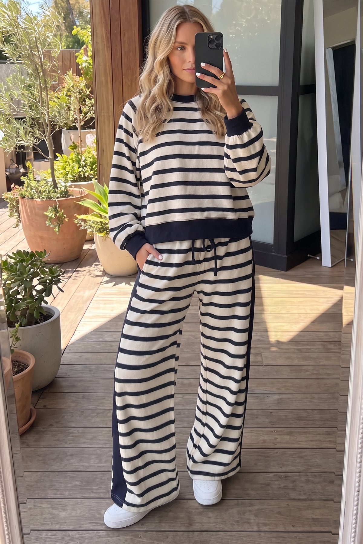 Beige Stripe Relaxed Long Sleeve Top Color Block Detail Drawstring Pant Set