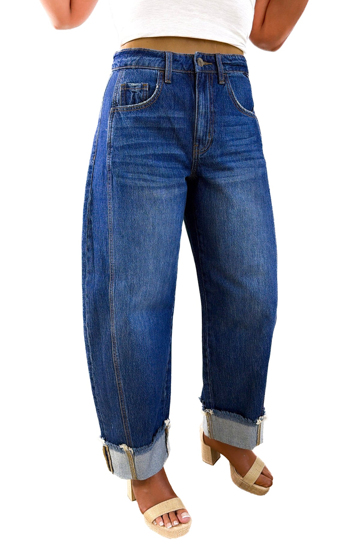 Myosotis Raw Hem Turnup Loose Ankle-length Jeans