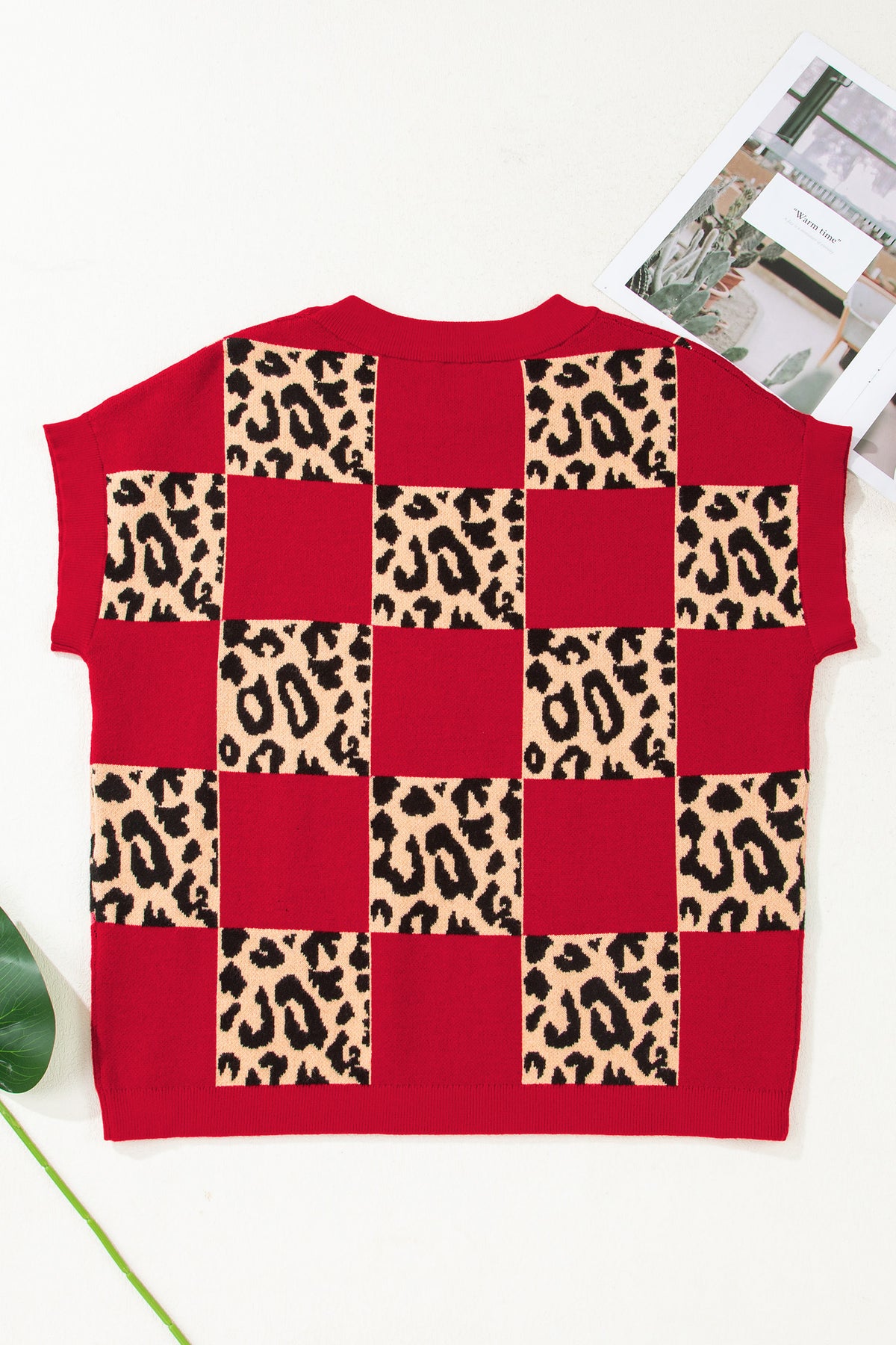 Green Leopard Checkerboard Short Sleeve Knit Sweater