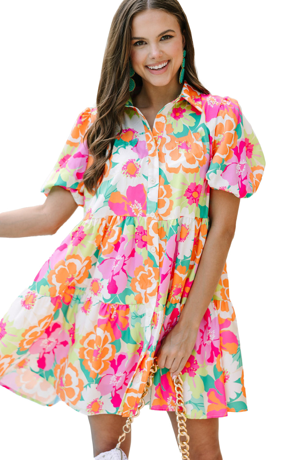 Green Floral Puff Sleeve Collar Buttoned Babydoll Dress Dresses/Floral Dresses