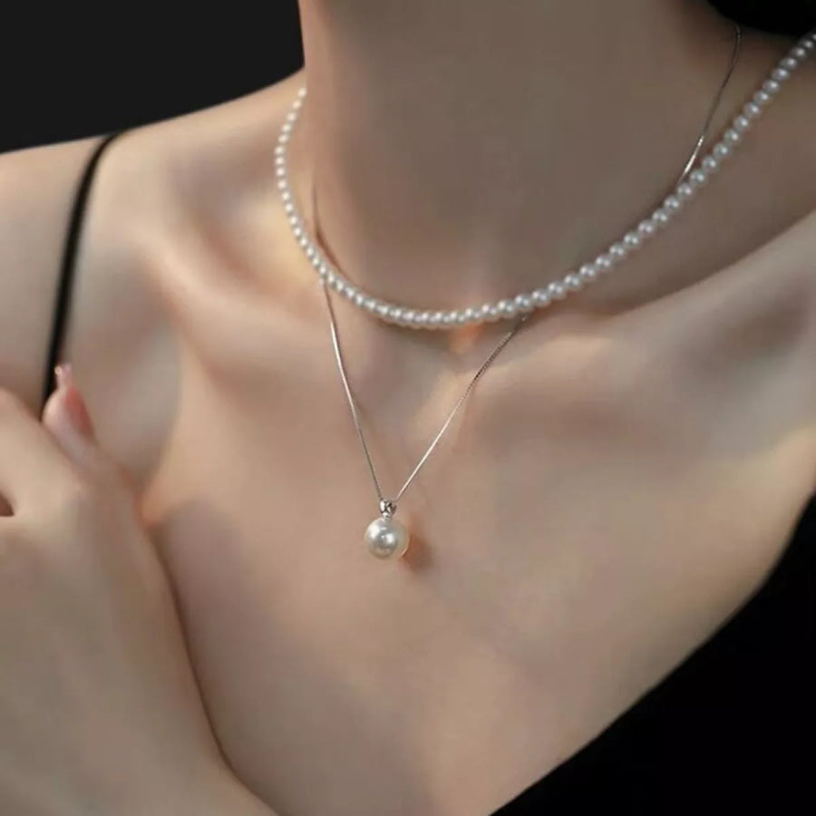 925 Sterling Silver Bead Pearl Necklace Silver / One Size Apparel and Accessories