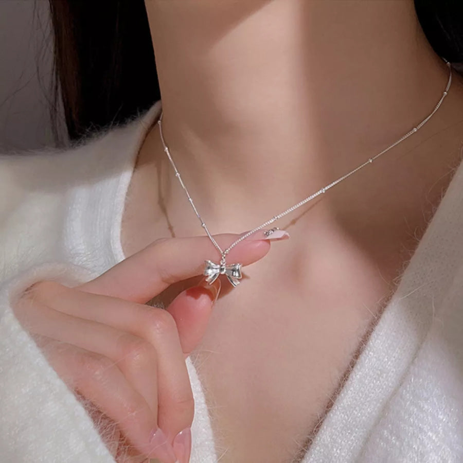 925 Sterling Silver Bow Necklace Silver / One Size Apparel and Accessories