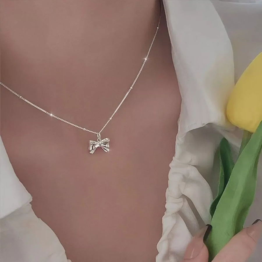 925 Sterling Silver Bow Necklace Silver / One Size Apparel and Accessories