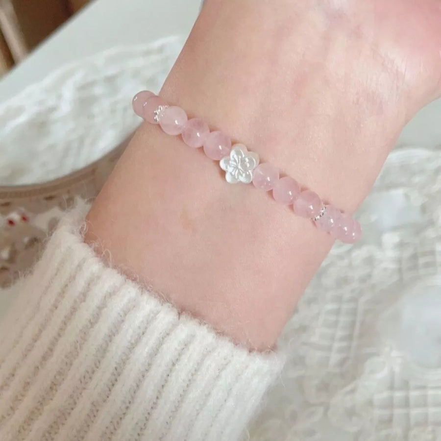 925 Sterling Silver Crystal Bead Flower Bracelet Blush Pink / One Size Apparel and Accessories