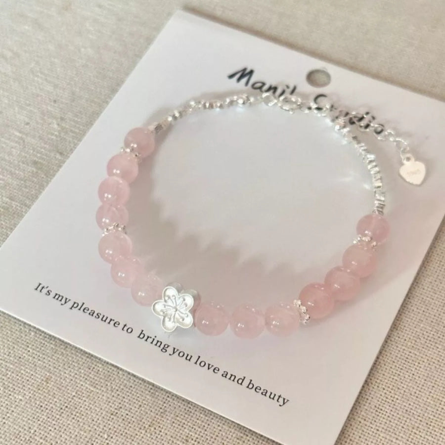 925 Sterling Silver Crystal Bead Flower Bracelet Blush Pink / One Size Apparel and Accessories