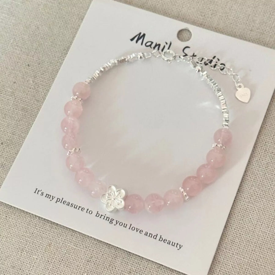 925 Sterling Silver Crystal Bead Flower Bracelet Blush Pink / One Size Apparel and Accessories