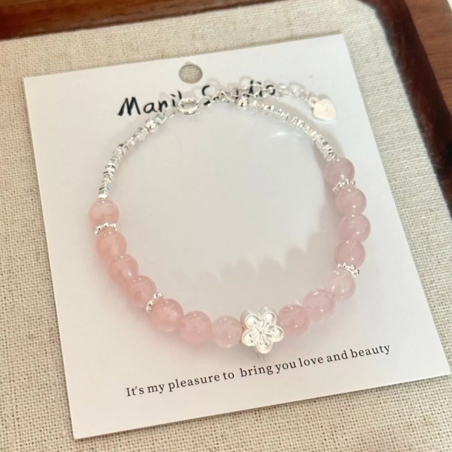 925 Sterling Silver Crystal Bead Flower Bracelet Blush Pink / One Size Apparel and Accessories