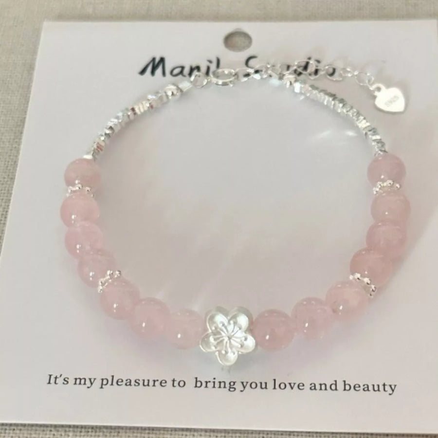 925 Sterling Silver Crystal Bead Flower Bracelet Blush Pink / One Size Apparel and Accessories