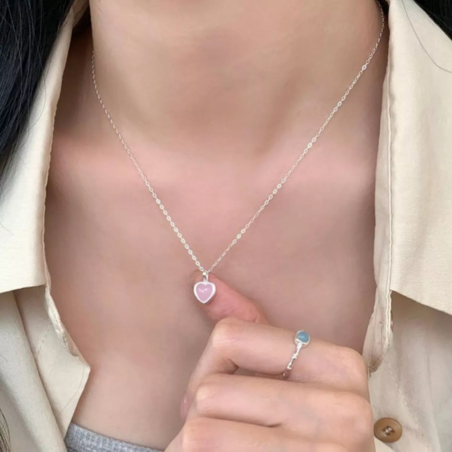 925 Sterling Silver Heart Pendant Necklace Blush Pink / One Size Apparel and Accessories